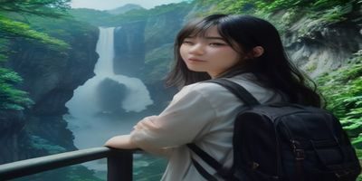 呦呦视频旅行类内容，创作者站在自然风光前录制 vlog，背景为碧绿山野